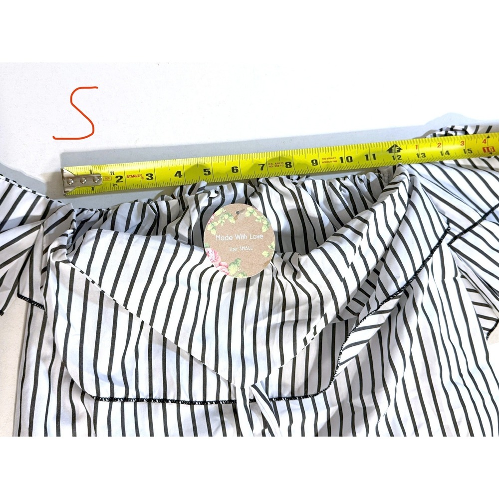 Striped Halter Cold Shoulder Ruffle Tiered Sleeve Blouse White Black S - Picture 6 of 7